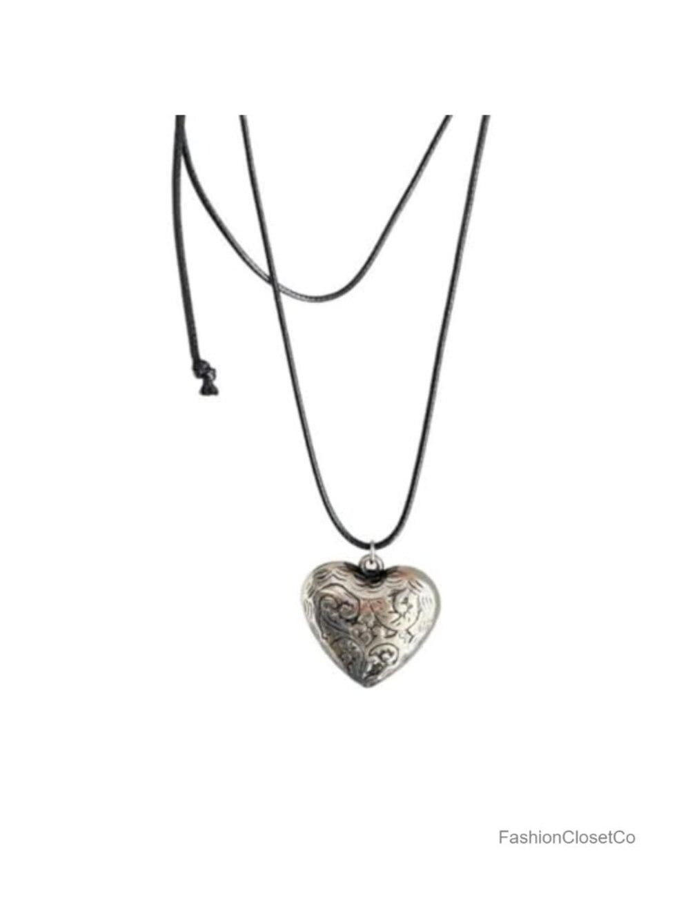 Carved Heart Pendant Necklace Rope Chain Adjustable Vintage Jewelry